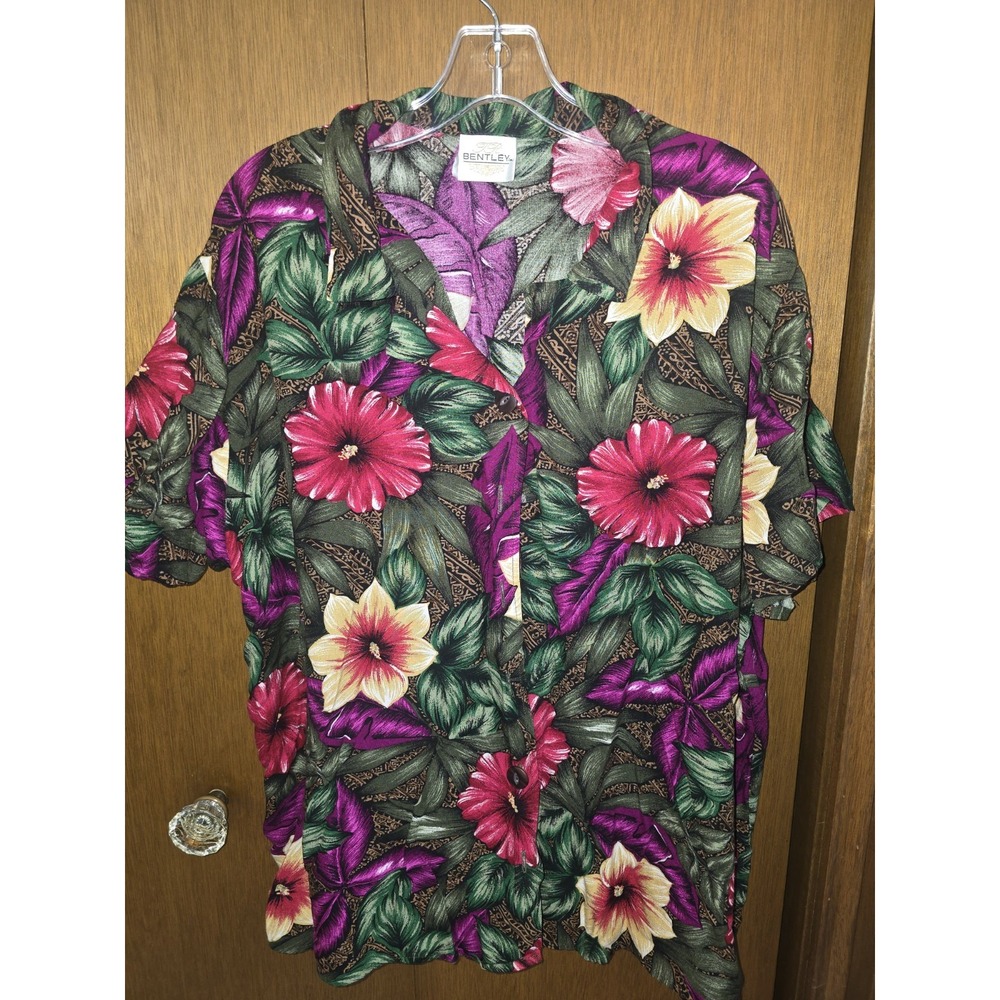 Bentley Petite Floral Hawaiian Aloha Button Up Twill Blouse‎ Shirt - Size Large